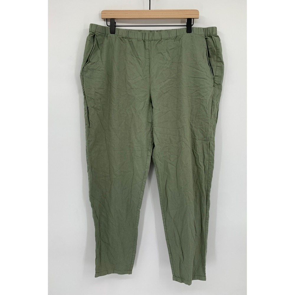 Eileen Fisher Pants Women Large Green Organic Cotton Elastic Waist Pockets